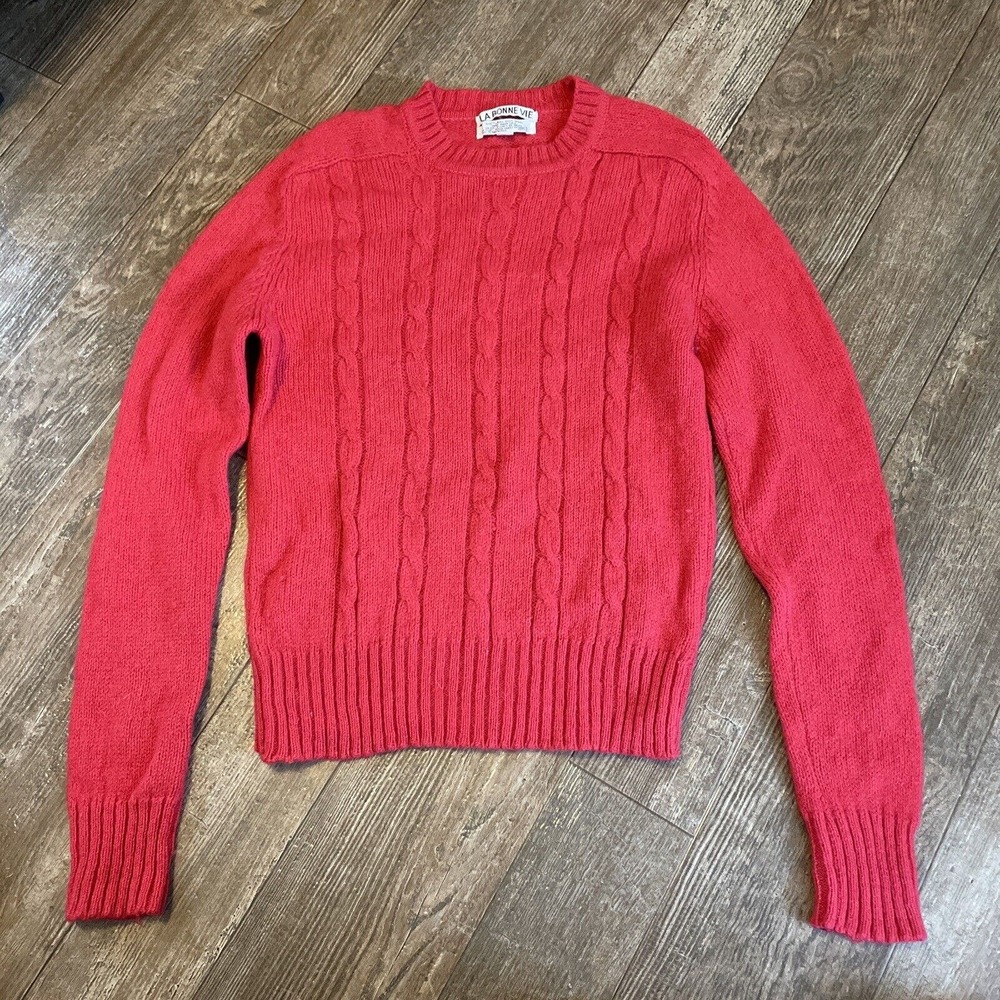 Vintage Shetland Wool Cable Knit Fisherman Sweater Pink La Bonne Vie Medium